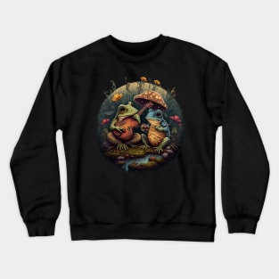 Cottagecore aesthetic frogs playing ukelele on Mushroom Crewneck Sweatshirt